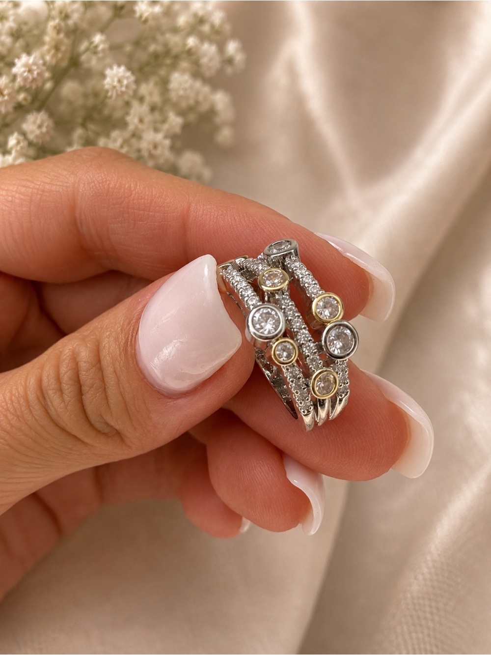 Silver and Gold Accent CZ Stackable Ring - White Crystal